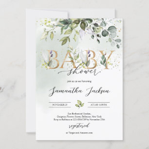 Greenery eucalyptus gold letters boho baby shower invitation