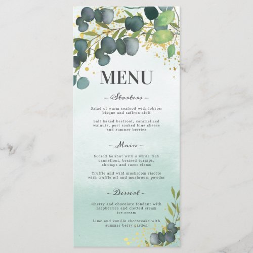 Greenery Eucalyptus Gold Wedding Menu - Elegant wedding menu cards featuring a rustic faded watercolor washed out background, botanical eucalyptus leaves, splashes of faux gold foil, and a simple menu option template.