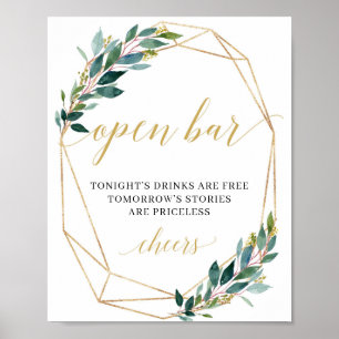 Greenery eucalyptus gold wedding open bar sign