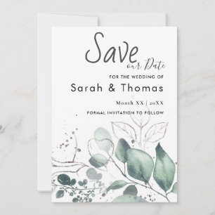 GREENERY EUCALYPTUS GREEN WATERCOLOR SAVE OUR DATE ANNOUNCEMENT