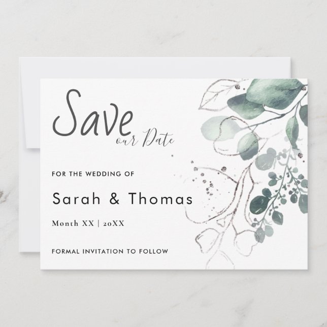 GREENERY EUCALYPTUS GREEN WATERCOLOR SAVE OUR DATE ANNOUNCEMENT (Front)