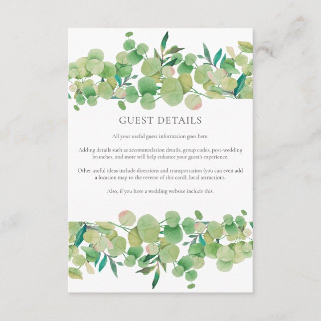 Greenery Eucalyptus Guest Information Details Enclosure Card (Front)