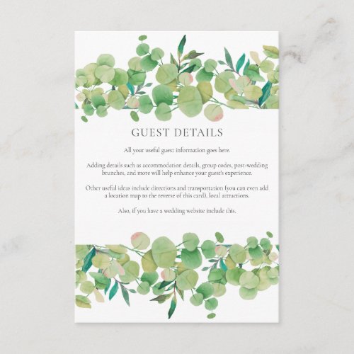 Greenery Eucalyptus Guest Information Details Enclosure Card