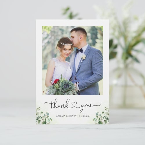 Greenery Eucalyptus Heart Script Wedding Photo Thank You Card - Greenery Eucalyptus Heart Script Wedding Photo Thank You Card. For further customization, please click the "customize further" link and use our design tool to modify this template.