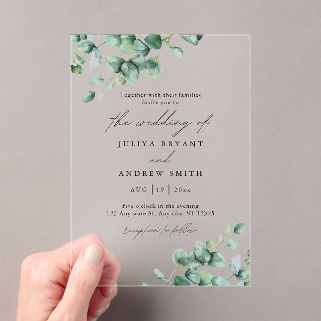  Greenery Eucalyptus in white script wedding Acrylic Invitations (Insitu (Handheld))