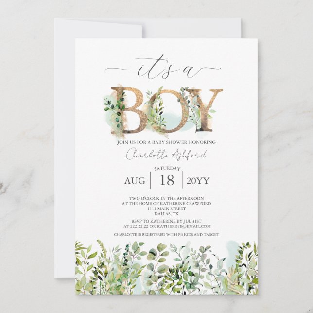 Greenery Eucalyptus It's a Boy Baby Shower Invitation (Front)