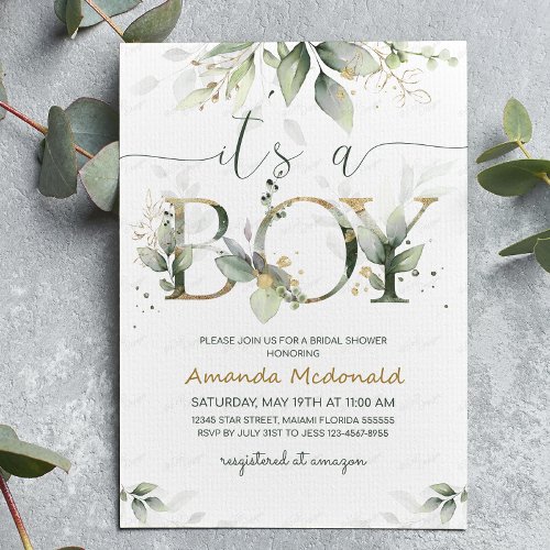 Greenery Eucalyptus Its a Boy Baby Shower Invitation