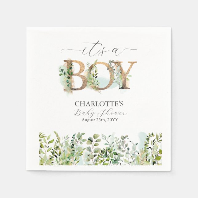 Greenery Eucalyptus It's a Boy Baby Shower Napkin (Front)