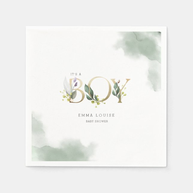 Greenery Eucalyptus It's A Boy Baby Shower Napkins (Front)