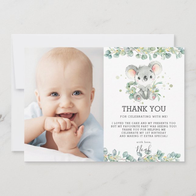 Greenery Eucalyptus Koala 1st Birthday Boy Photo Thank You Card (Front)