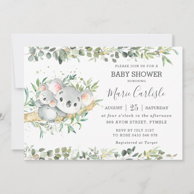 Greenery Eucalyptus Koala Neutral Baby Shower Boy Invitation (Front)