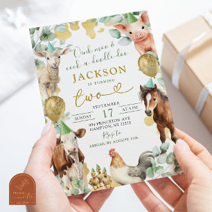 Greenery Eucalyptus Leaf Farm Animal Boy Birthday Invitation