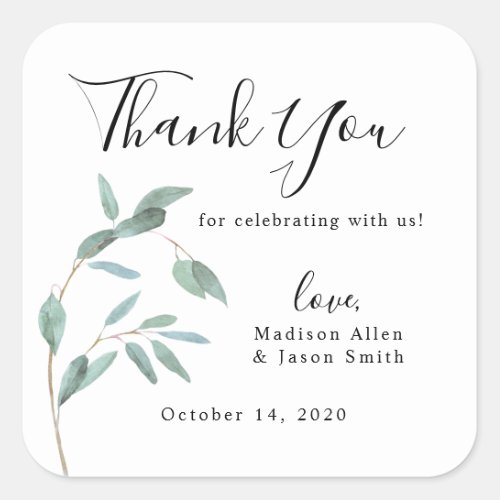 Greenery Eucalyptus Leaf Simple Wedding Thank You Square Sticker