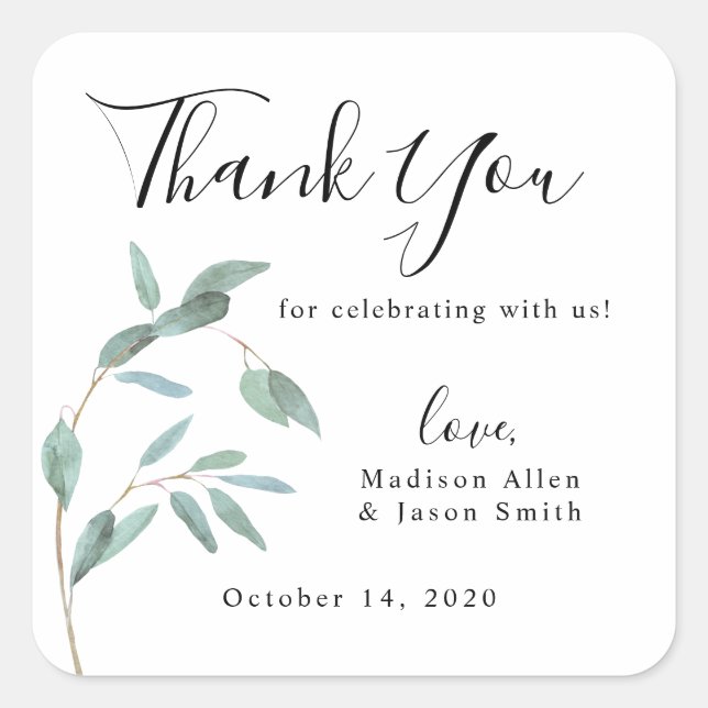 Greenery Eucalyptus Leaf Simple Wedding Thank You Square Sticker (Front)