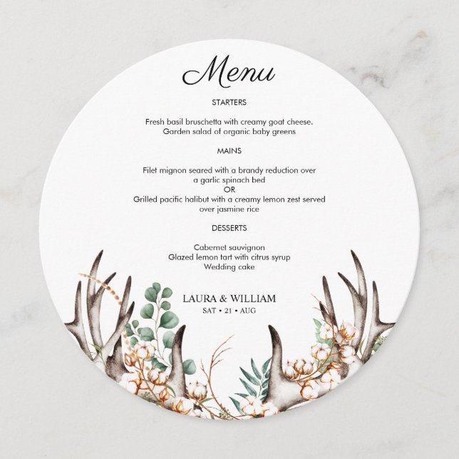 Greenery Eucalyptus Leaves Antler Boho Round Menu (Front)