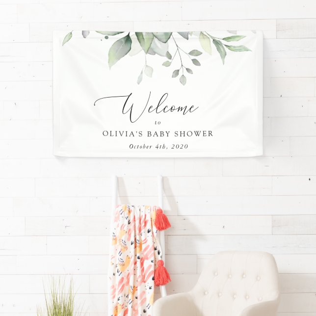 Greenery, Eucalyptus Leaves, Baby Shower Welcome Banner (Insitu)