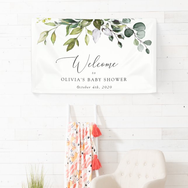 Greenery, Eucalyptus Leaves, Baby Shower Welcome Banner (Insitu)