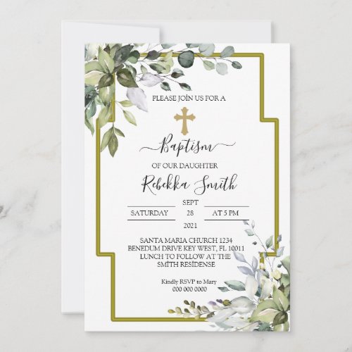 Greenery Eucalyptus Leaves Baptism Invitation