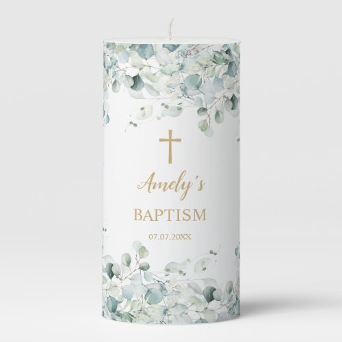 Greenery Eucalyptus Leaves Baptism Pillar Candle