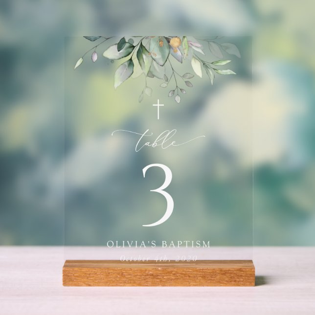 Greenery, Eucalyptus Leaves, Baptism Table Numbers Acrylic Sign (Neutral)