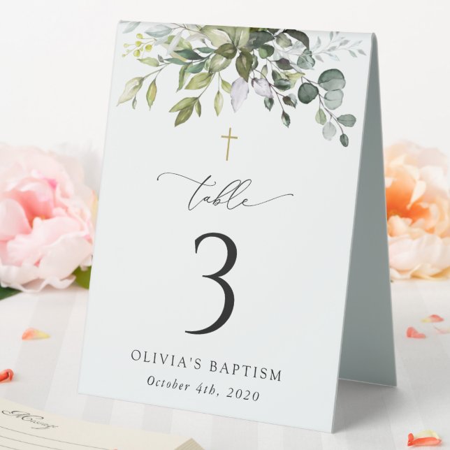 Greenery, Eucalyptus Leaves, Baptism Table Numbers Tent (In SItu (Wedding))