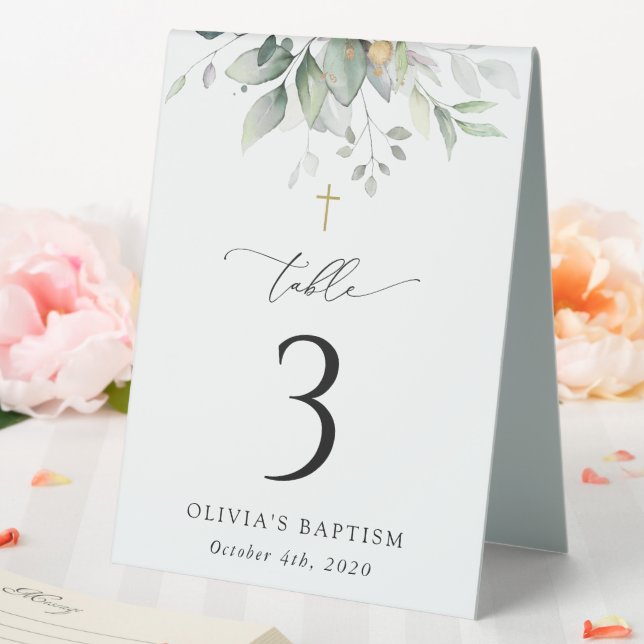 Greenery, Eucalyptus Leaves, Baptism Table Numbers Tent (In SItu (Wedding))