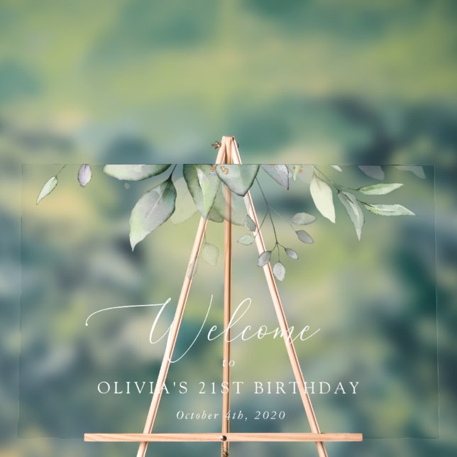 Greenery, Eucalyptus Leaves, Birthday Welcome Acrylic Sign (Neutral)