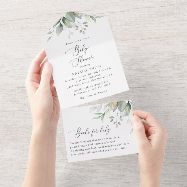 Greenery, Eucalyptus Leaves, Boho, Baby Shower All In One Invitation (Tearaway)