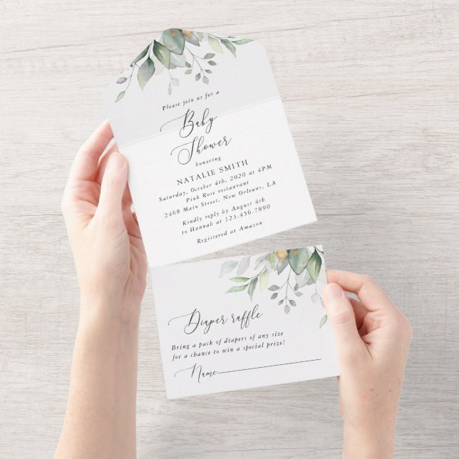 Greenery, Eucalyptus Leaves, Boho, Baby Shower All In One Invitation (Tearaway)