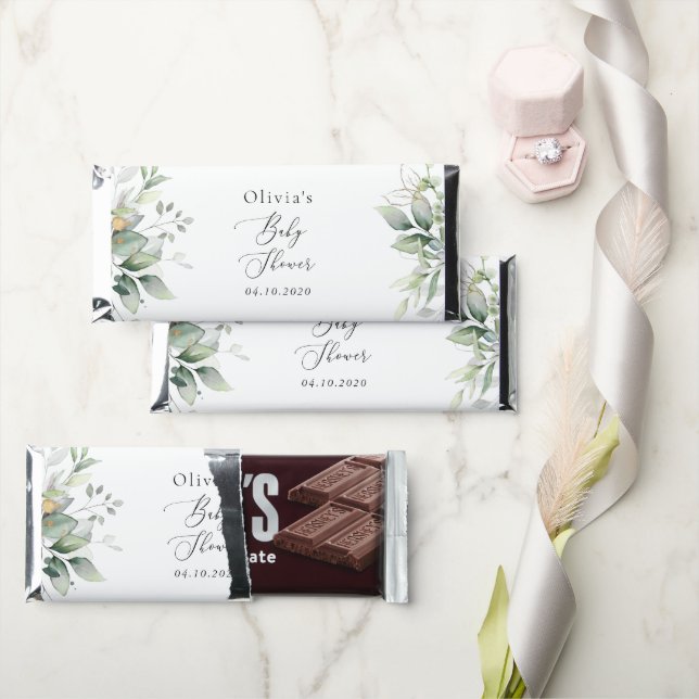 Greenery, Eucalyptus Leaves, Boho, Baby Shower Hershey Bar Favors (Front)