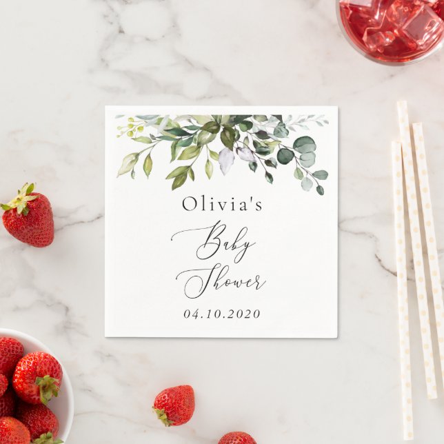 Greenery, Eucalyptus Leaves, Boho, Baby Shower Napkins (Insitu)