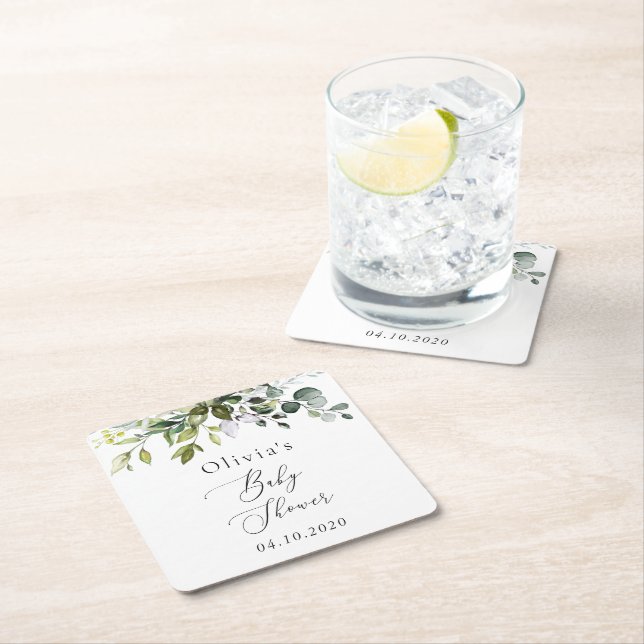 Greenery, Eucalyptus Leaves, Boho, Baby Shower Square Paper Coaster (Insitu)