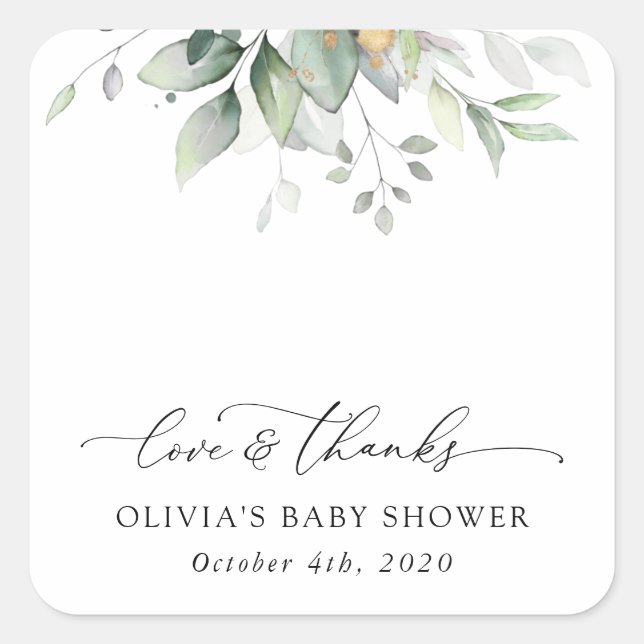 Greenery, Eucalyptus Leaves, Boho, Baby Shower Square Sticker (Front)