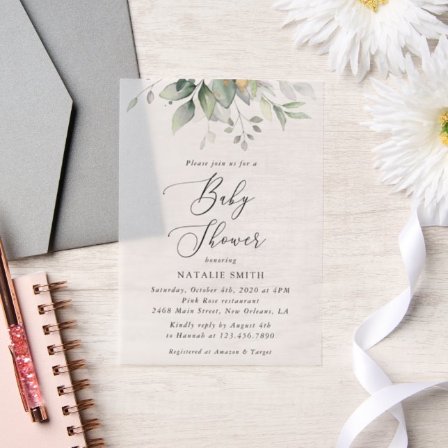 Greenery, Eucalyptus Leaves, Boho, Baby Shower Vellum Invitations (Wedding)