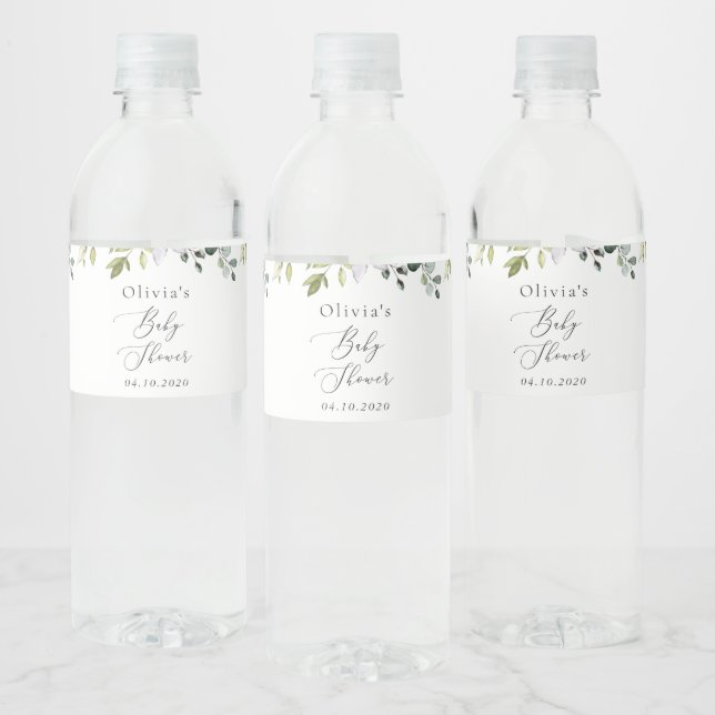 Greenery, Eucalyptus Leaves, Boho, Baby Shower Water Bottle Label (Bottles)