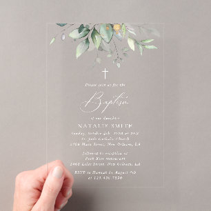 Greenery, Eucalyptus Leaves, Boho, Baptism Acrylic Invitations