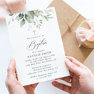 Greenery, Eucalyptus Leaves, Boho, Baptism Invitation