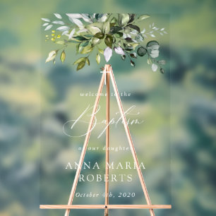Greenery, Eucalyptus Leaves, Boho, Baptism Welcome Acrylic Sign