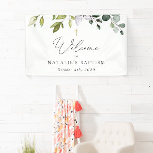 Greenery, Eucalyptus Leaves, Boho, Baptism Welcome Banner