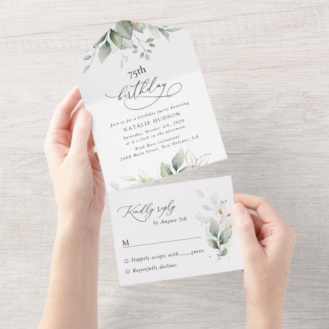 Greenery, Eucalyptus Leaves, Boho, Birthday All In One Invitation (Tearaway)