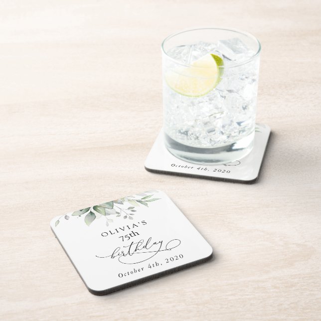 Greenery, Eucalyptus Leaves, Boho, Birthday Beverage Coaster (Right Side)