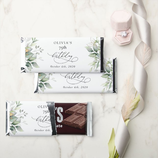 Greenery, Eucalyptus Leaves, Boho, Birthday Hershey Bar Favors (Front)