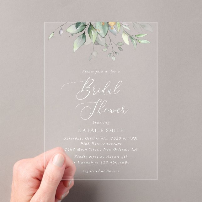 Greenery, Eucalyptus Leaves, Boho, Bridal Shower Acrylic Invitations (Insitu (Handheld))