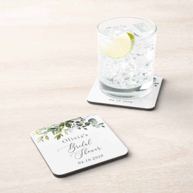 Greenery, Eucalyptus Leaves, Boho, Bridal Shower Beverage Coaster (Right Side)