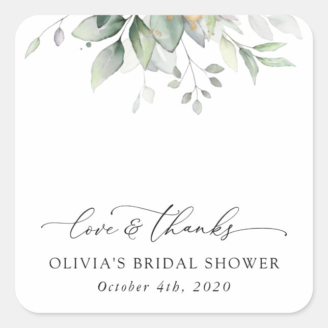 Greenery, Eucalyptus Leaves, Boho, Bridal Shower Square Sticker (Front)