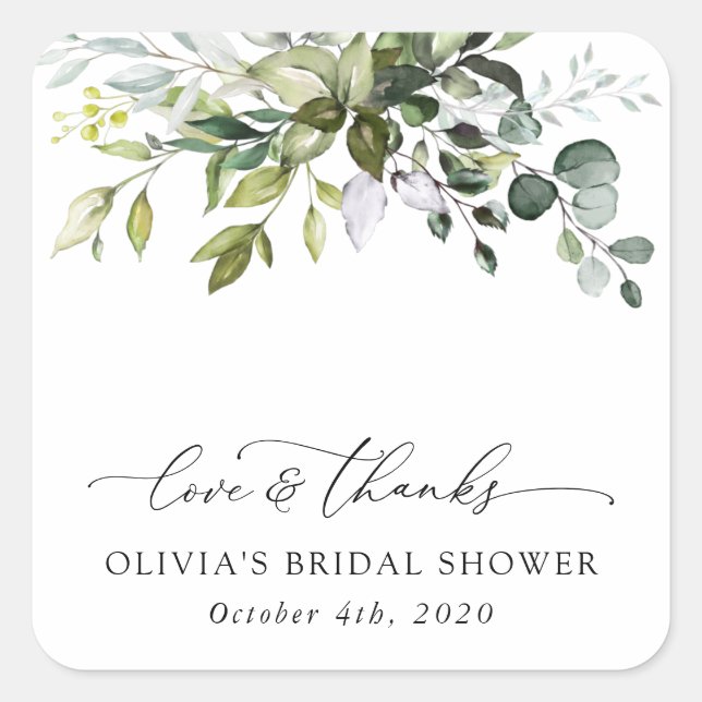 Greenery, Eucalyptus Leaves, Boho, Bridal Shower Square Sticker (Front)