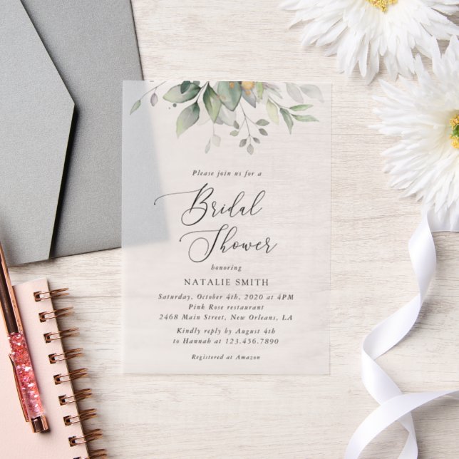 Greenery, Eucalyptus Leaves, Boho, Bridal Shower Vellum Invitations (Wedding)