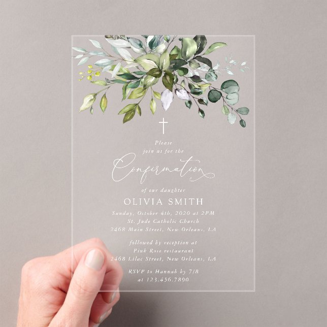 Greenery, Eucalyptus Leaves, Boho, Confirmation Acrylic Invitations (Insitu (Handheld))