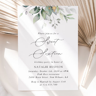 Greenery, Eucalyptus Leaves, Boho, Sweet 16 Invitation