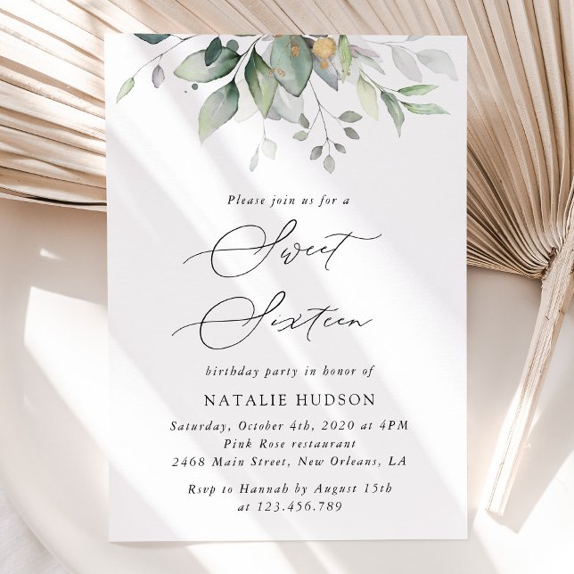 Greenery, Eucalyptus Leaves, Boho, Sweet 16 Invitation (Creator Uploaded)